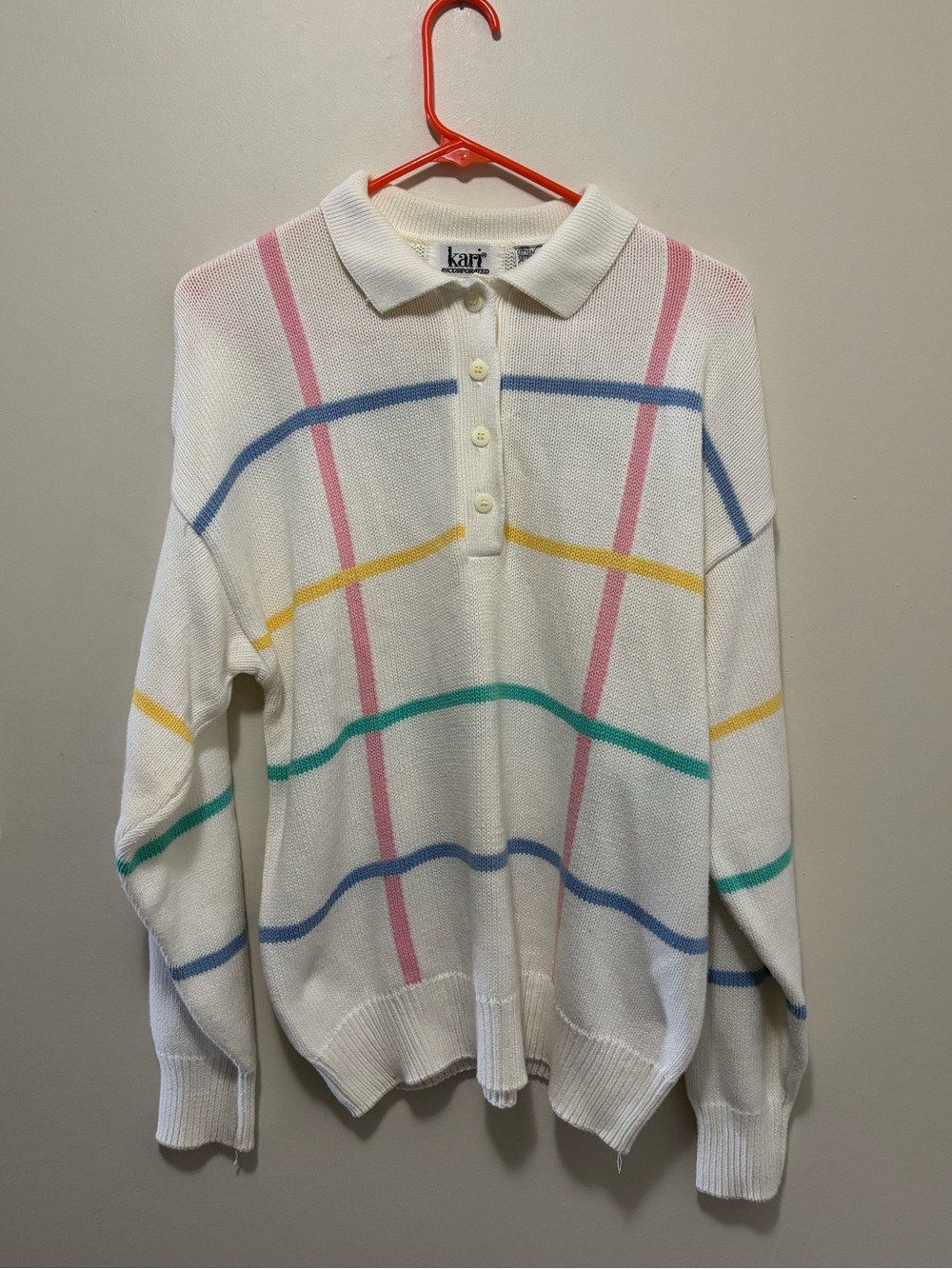 Vintage Kari Incorporated Pastel Plaid Striped Knit Polo Sweater Large